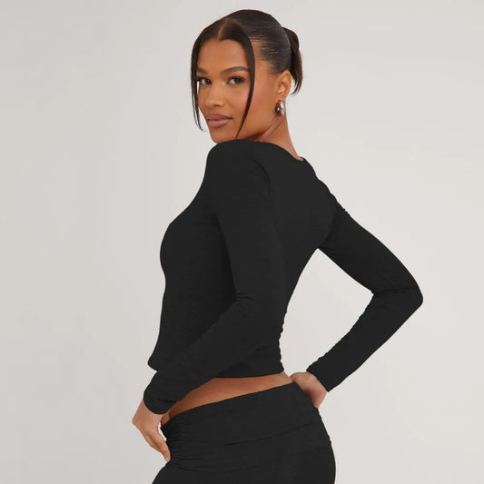 Long Sleeve Crew Neck Top In Black