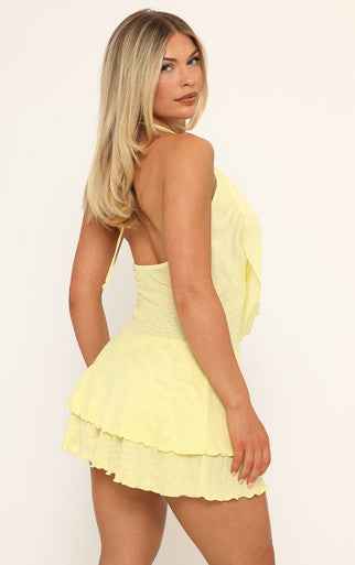 Ego - Halterneck Layered Hem Sheer Mini Dress In Yellow