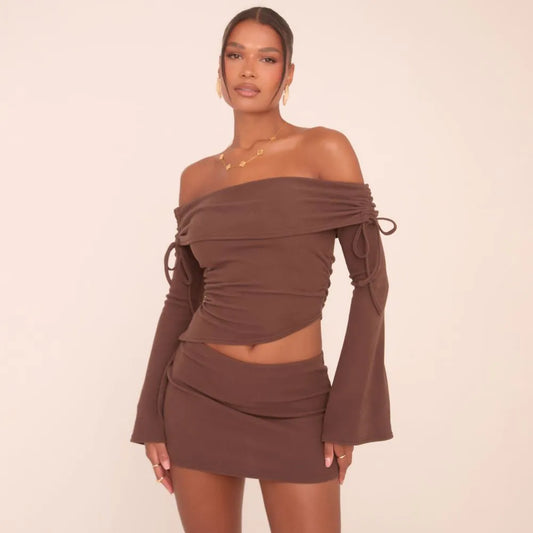 Fold Over Bardot Long Flared Sleeve Asymmetric Top In Chocolate Brown Brushed Rib