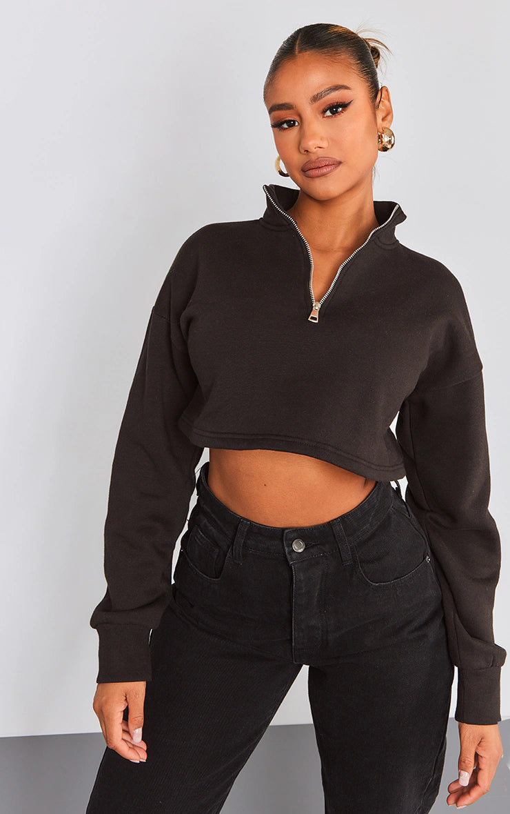 Black High Neck Zip Up Cropped Sweatshirt