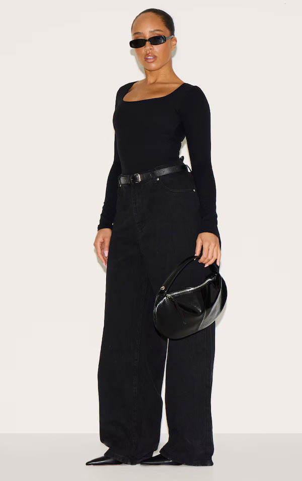 Shape Black Built In Bra Sculpt Square Neck Long Sleeve Bodysuit