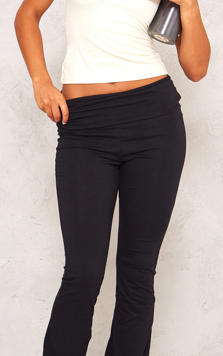 Black Cotton Fold Over Waist Flare Trousers