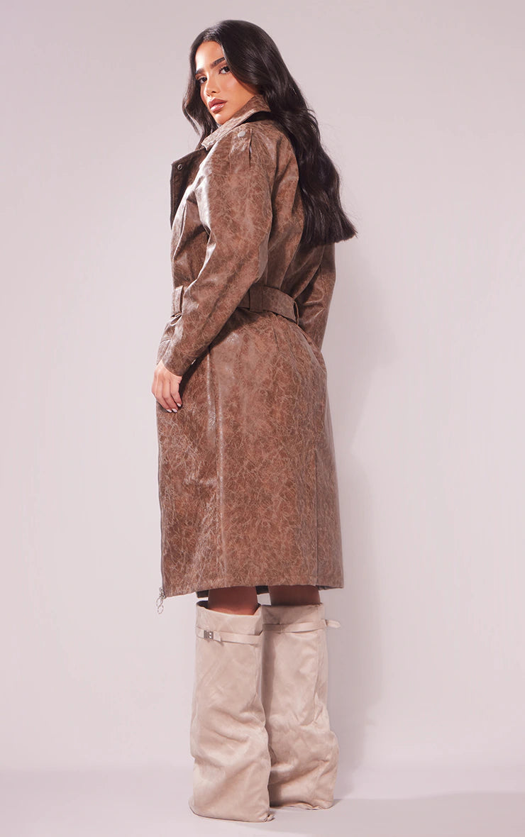 Petite Washed Brown PU Biker Trench Coat