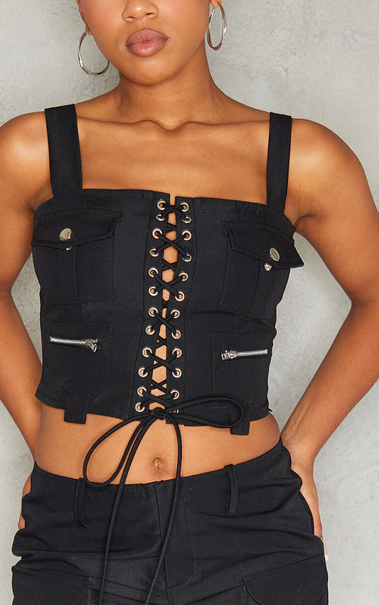 Black Twill Lace Up Front Square Neck Corset