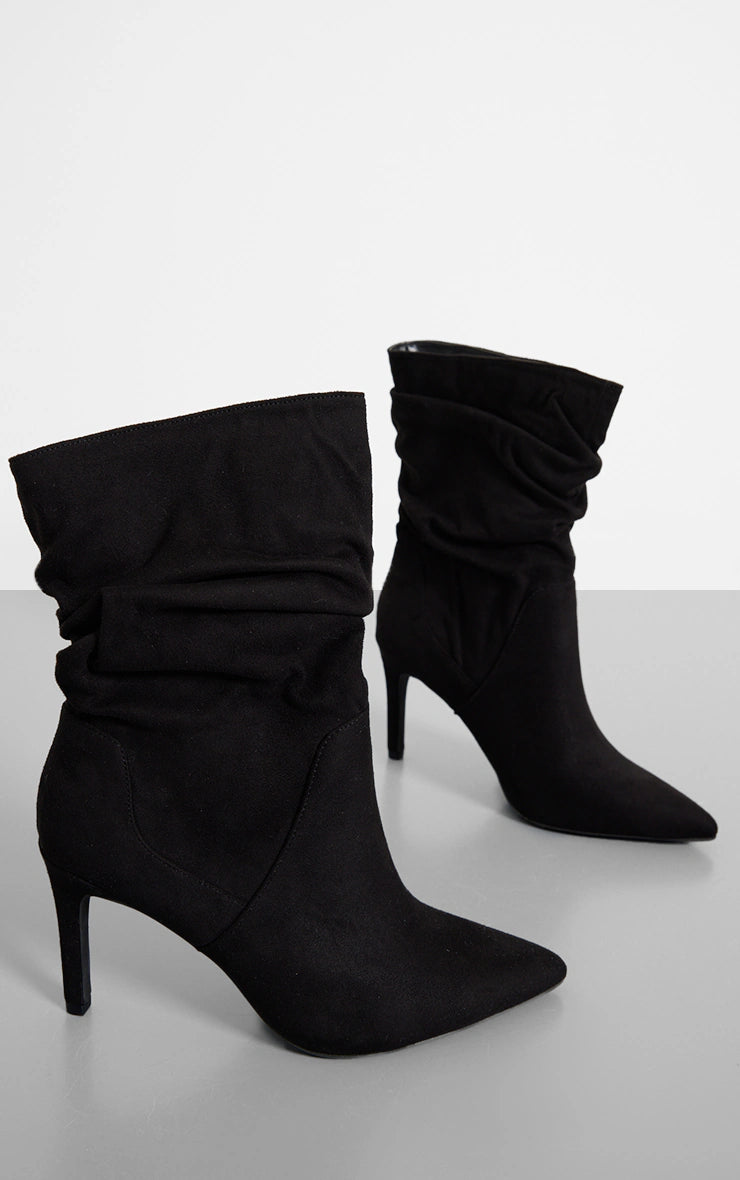 Black Faux Suede Point Toe Ruched High Heeled Ankle Boots