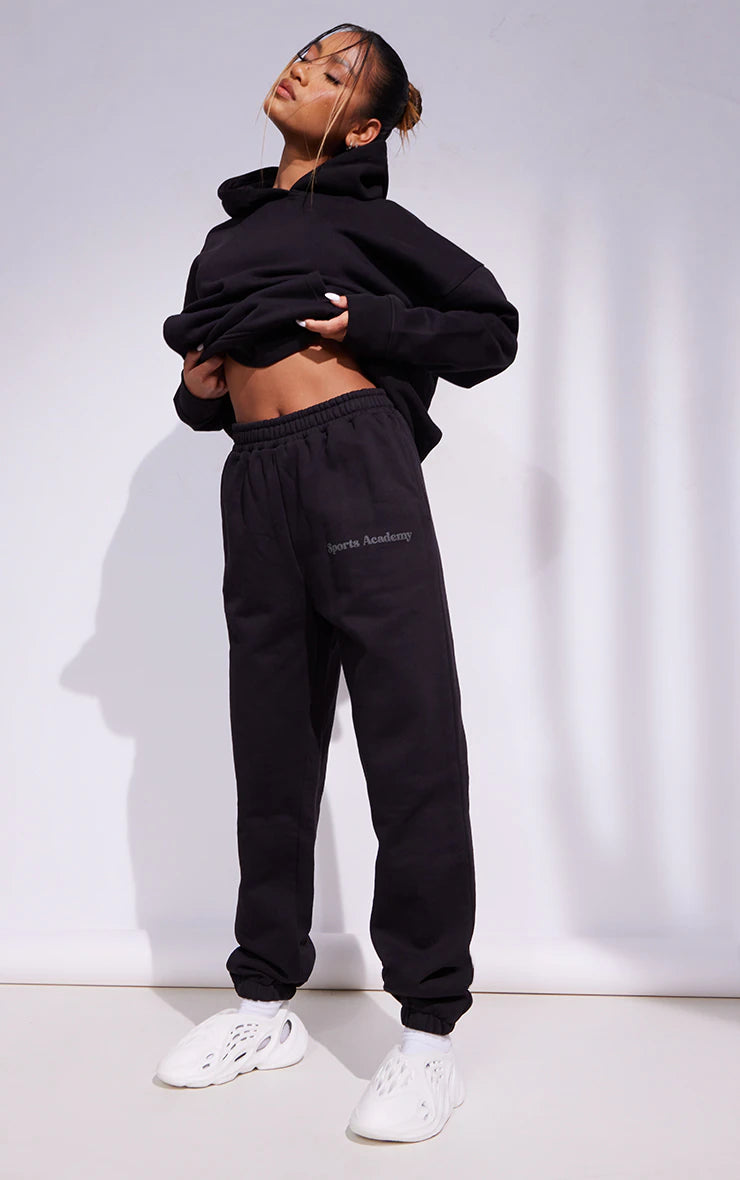 PREMIUM COAL BLACK SPORTS ACADEMY PUFF PRINT OVERSIZED HOODIE & PRINT OVERSIZED JOGGERS SET