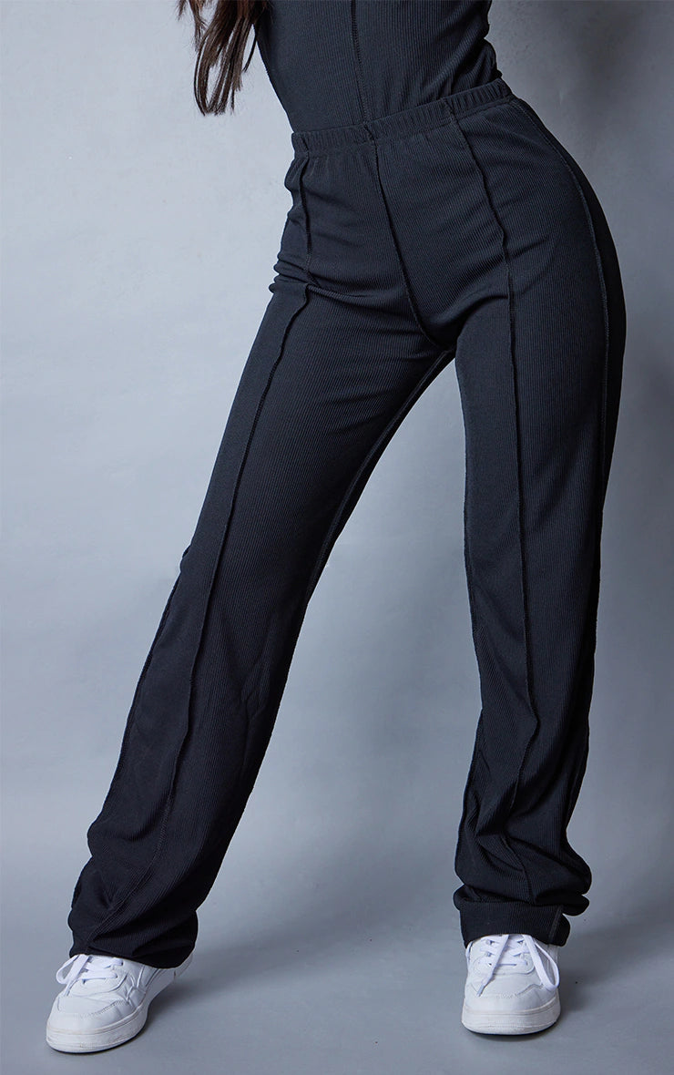 PETITE BLACK RIBBED SEAM DETAIL HIGH WAISTED WIDE LEG TROUSERS