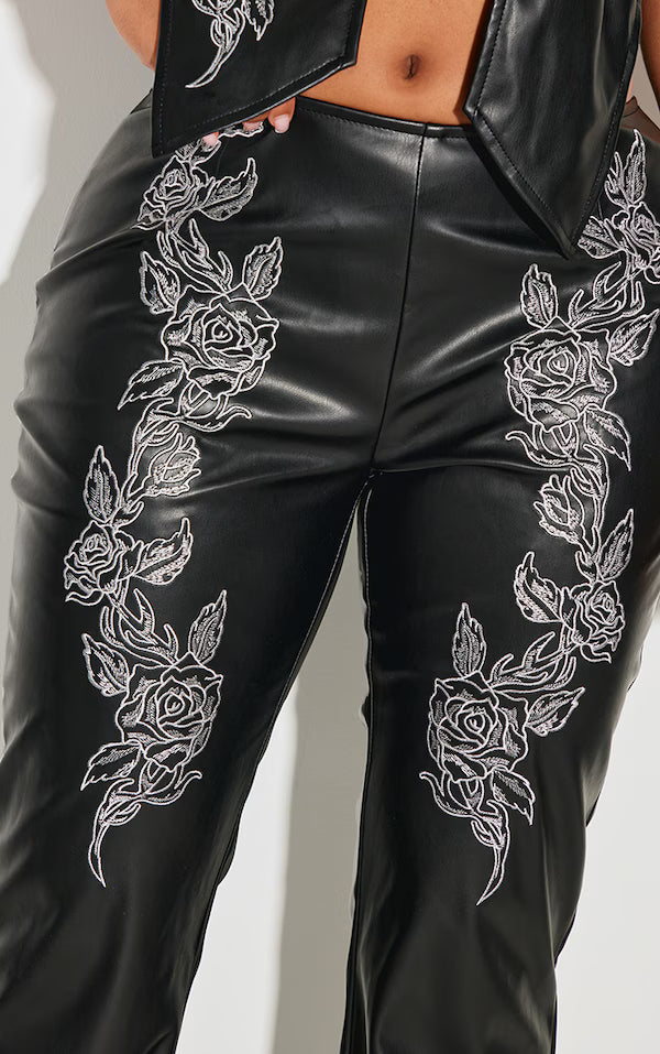 Shape Black Faux Leather Embroidered Flare Trousers