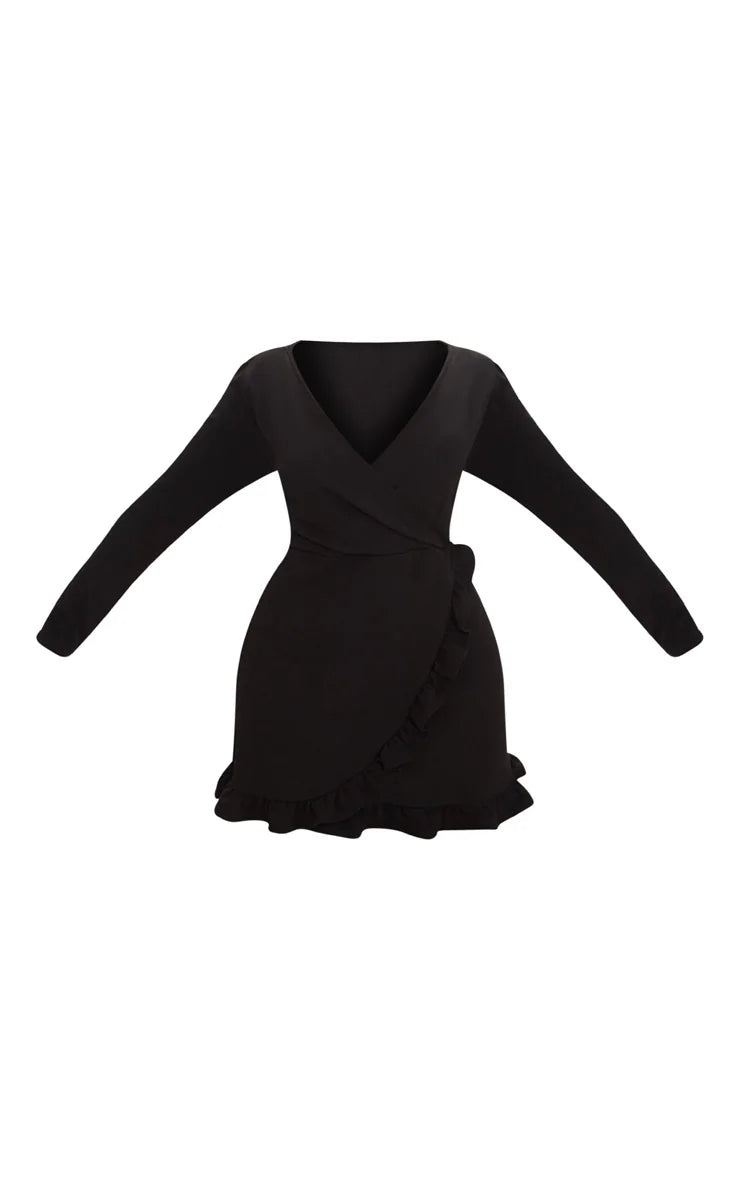 PLUS BLACK LONG SLEEVE RUFFLE WRAP DRESS