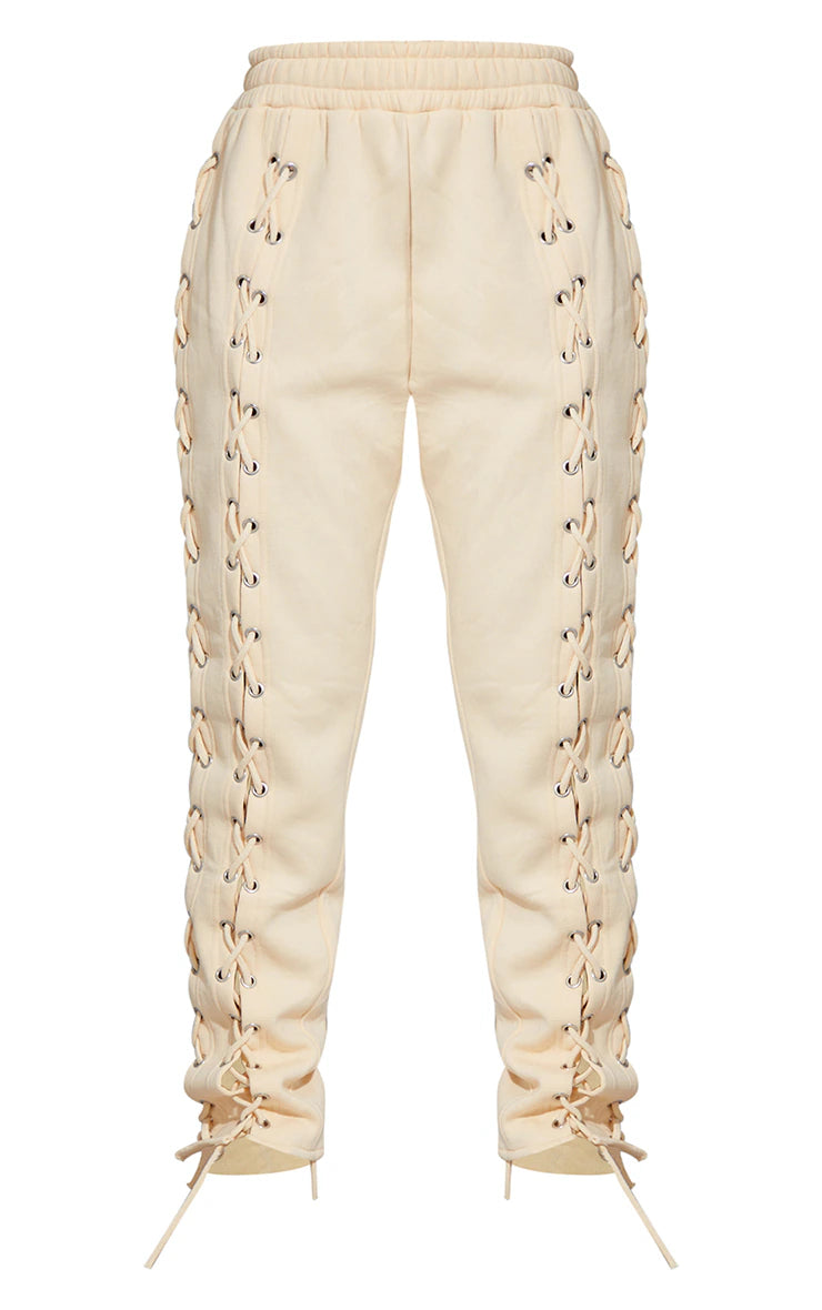 Cream Lace Up Side Detail Oversized Sweatpants