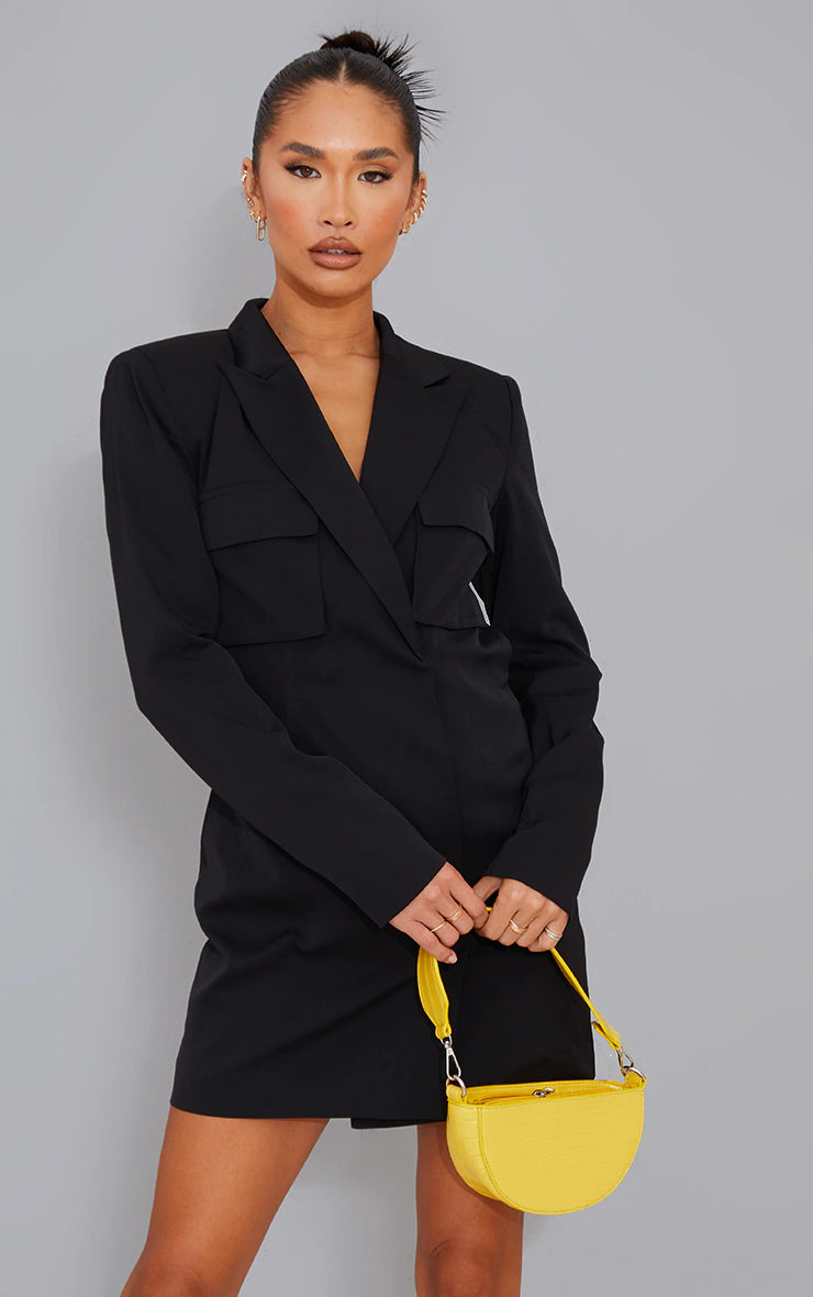 BLACK WOVEN UTILITY STYLE BACKLESS BLAZER DRESS