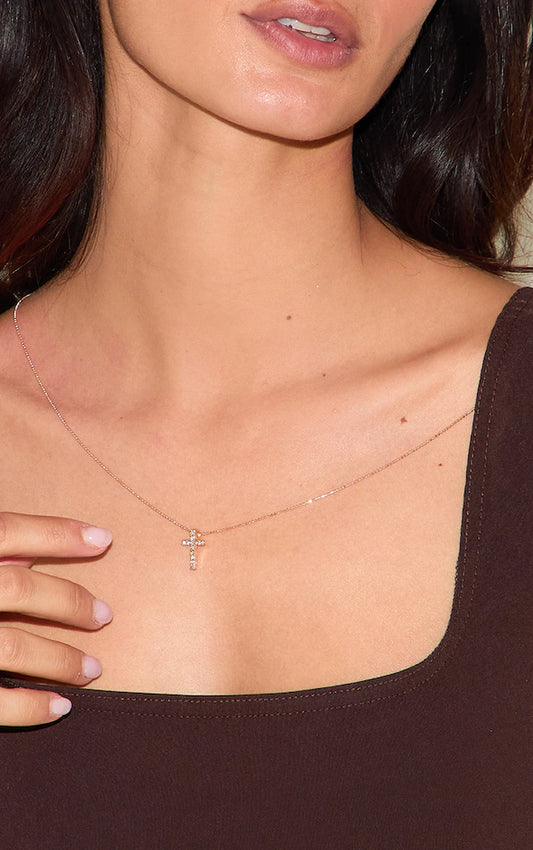 Gold Simple Dainty Diamante Cross Necklace