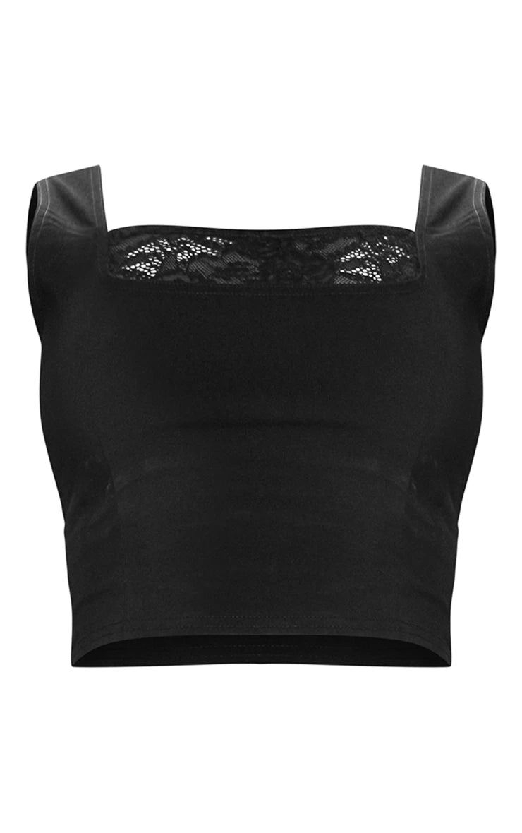 Black Stretch Woven Lace Trim Boned Corset