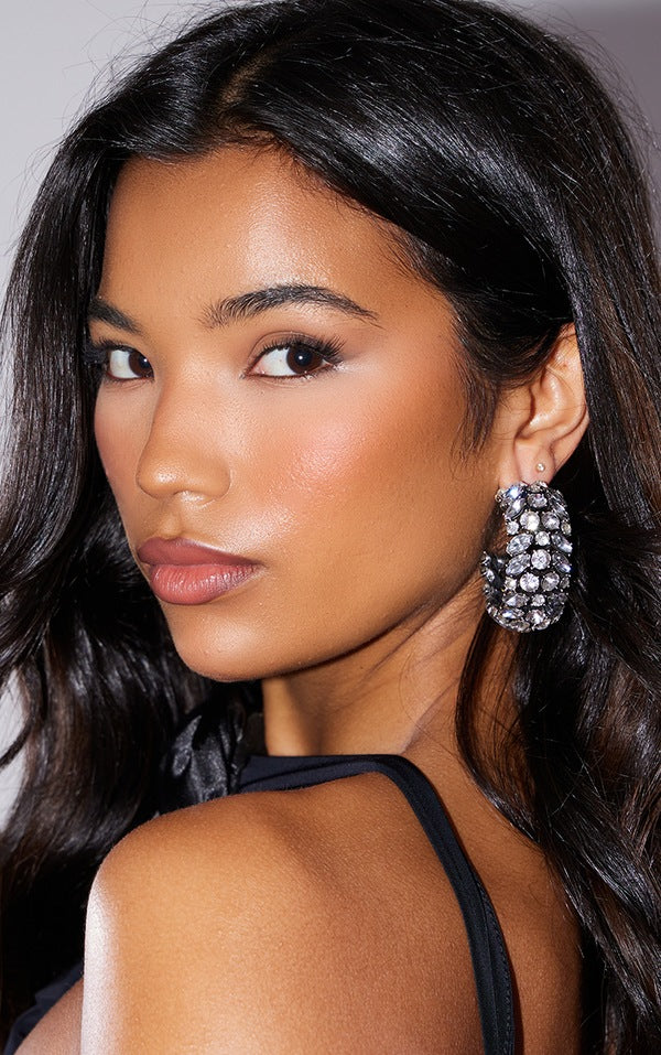 Silver Chunky Diamante Statement Hoop Earrings