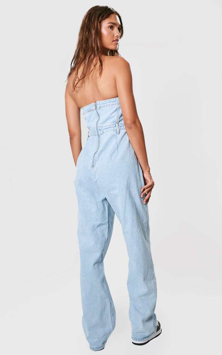 LIGHT BLUE WASH BANDEAU DENIM JUMPSUIT