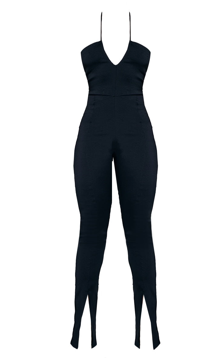 BLACK STRETCH WOVEN V NECK HALTER SPLIT HEM JUMPSUIT