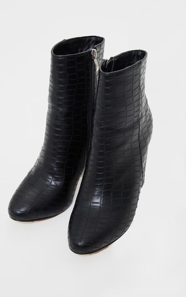 Behati Black Faux Croc Ankle Boot