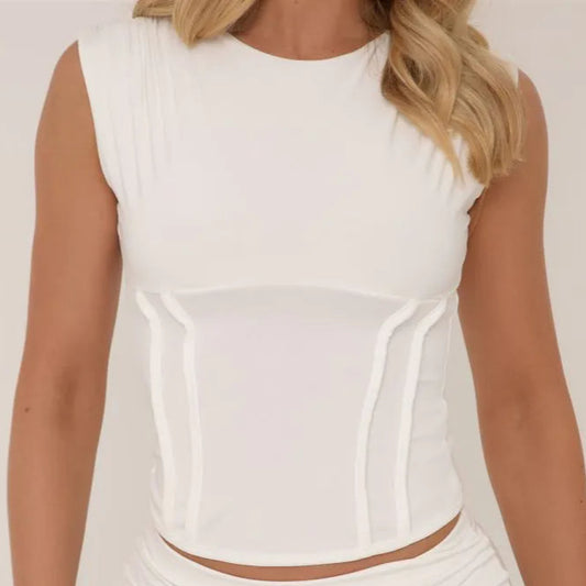 Sleeveless Binding Detail Top In White Slinky