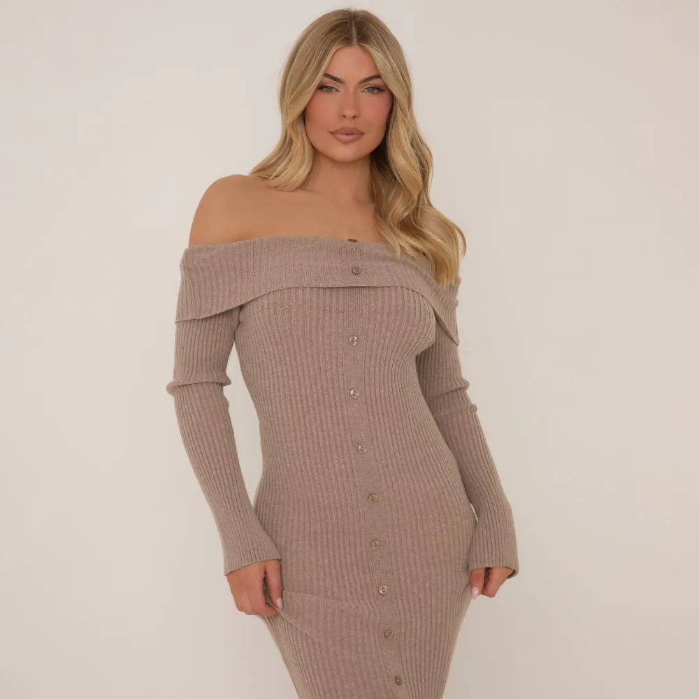 Bardot Long Sleeve Button Down Maxi Dress In Brown Rib Knit