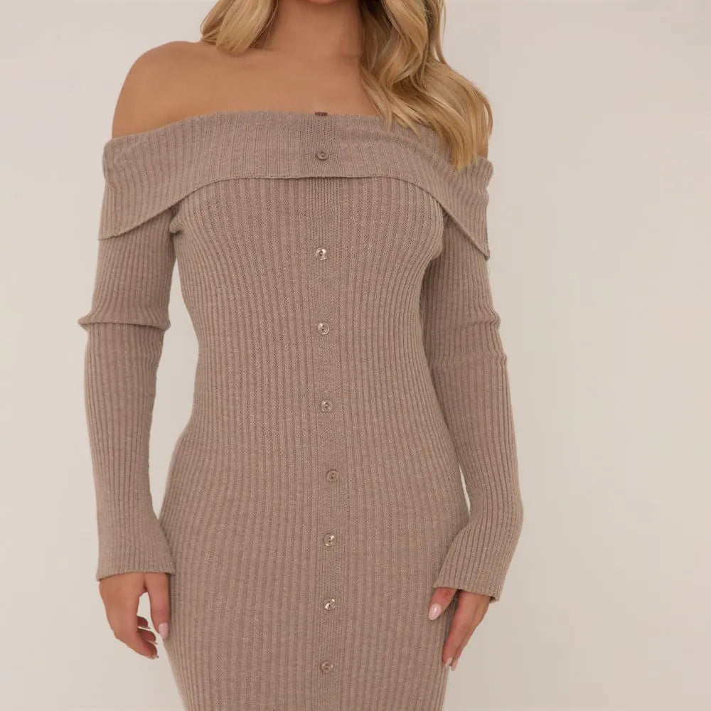 Bardot Long Sleeve Button Down Maxi Dress In Brown Rib Knit