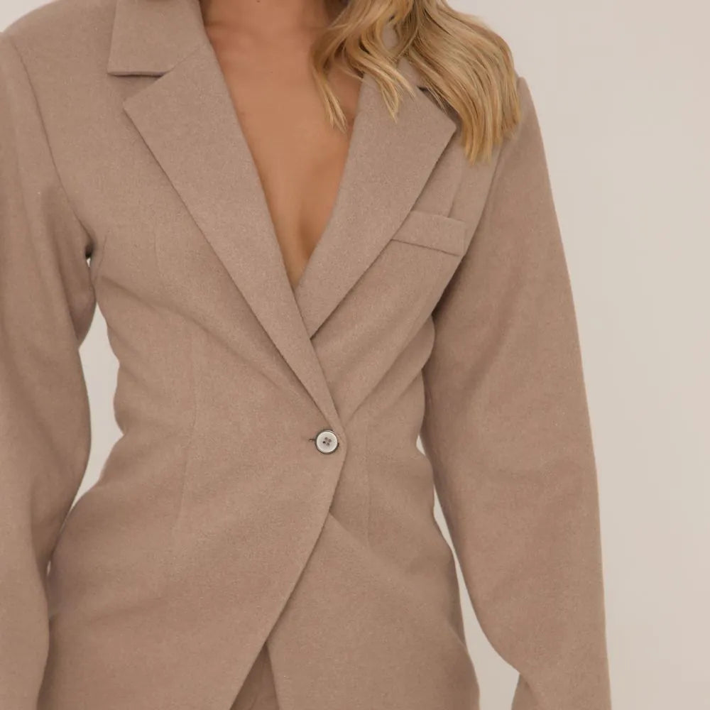 Cinched Waist Wool Look Blazer Dress In Taupe Brown
