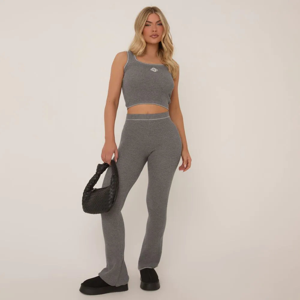 Scoop Neck Logo Detail Vest Top & Trousers In Grey Waffle Knit SET