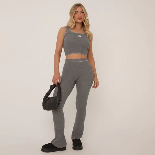 Scoop Neck Logo Detail Vest Top & Trousers In Grey Waffle Knit SET