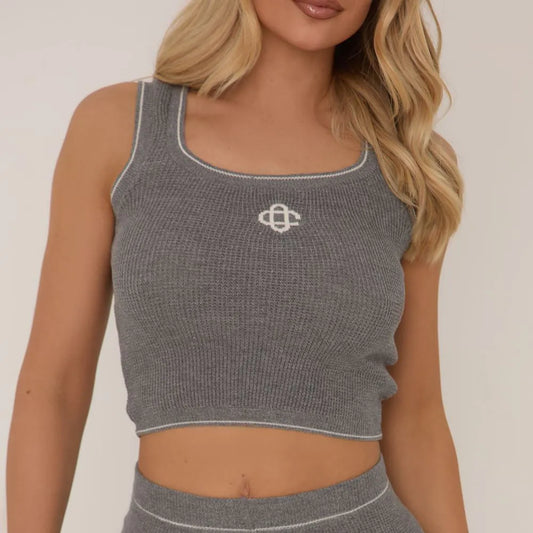 Scoop Neck Logo Detail Vest Top In Grey Waffle Knit