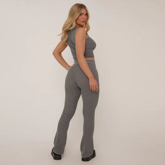 Scoop Neck Logo Detail Vest Top & Trousers In Grey Waffle Knit SET