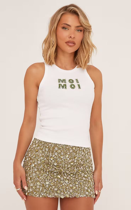 Diamante Moi Moi Slogan Sleeveless Top In Cream Rib