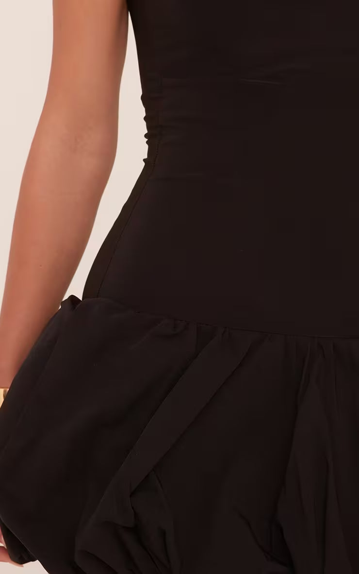 Ego - Scoop Neck Puffball Mini Dress In Black