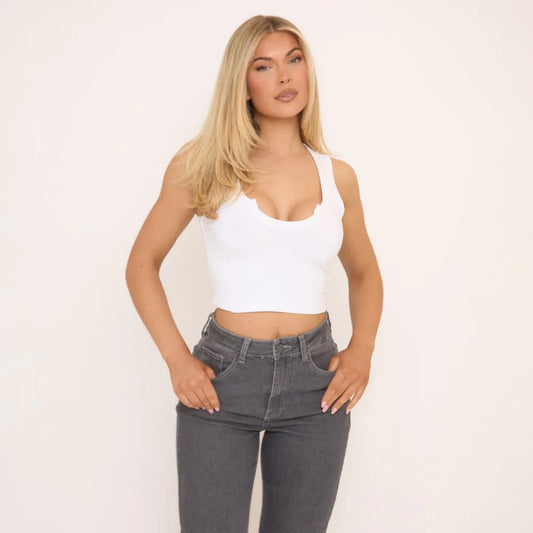Sleeveless Notch Front Vest Top In White