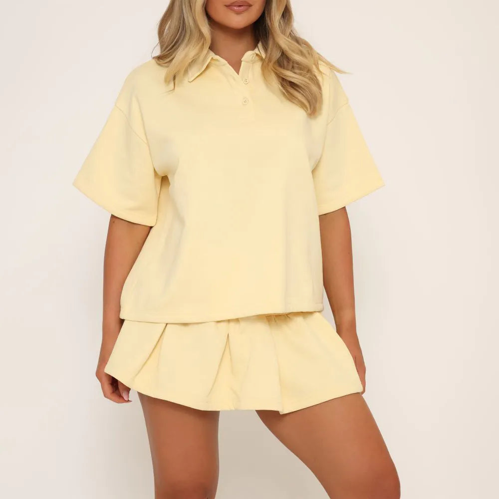 Short Sleeve Polo Collar Detail Oversized Sweatshirt In Yellow
