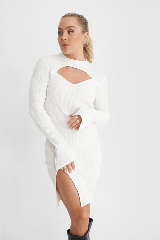 Cut Out Ribbed Slit Dress Offwhite