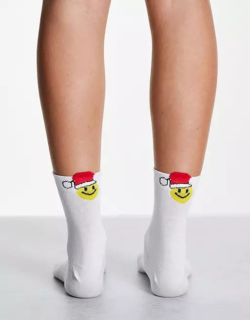 Christmas Ankle Socks With Happy Santa In White