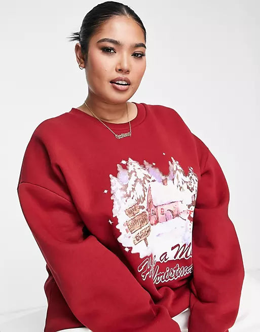 Tall christmas oversized sweatshirt with retro scenic print in burgundy