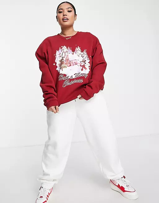 Tall christmas oversized sweatshirt with retro scenic print in burgundy