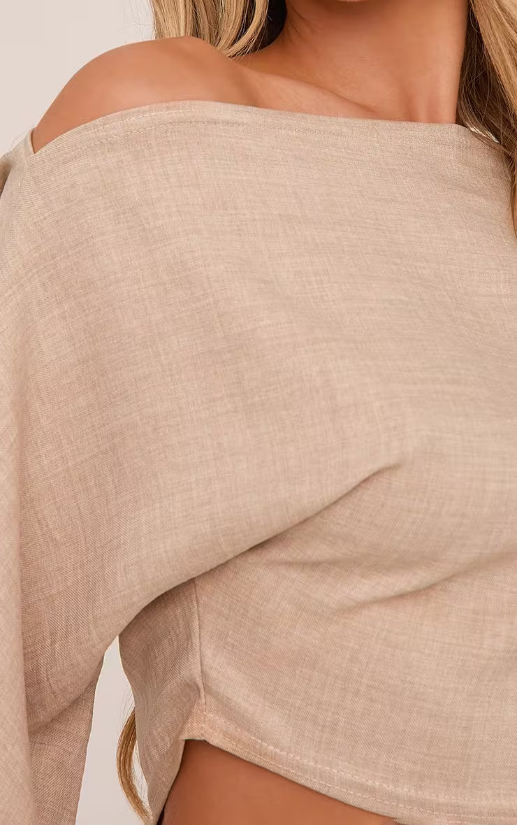 Ego - Long Sleeve Off The Shoulder Detail Crop Top In Stone Linen
