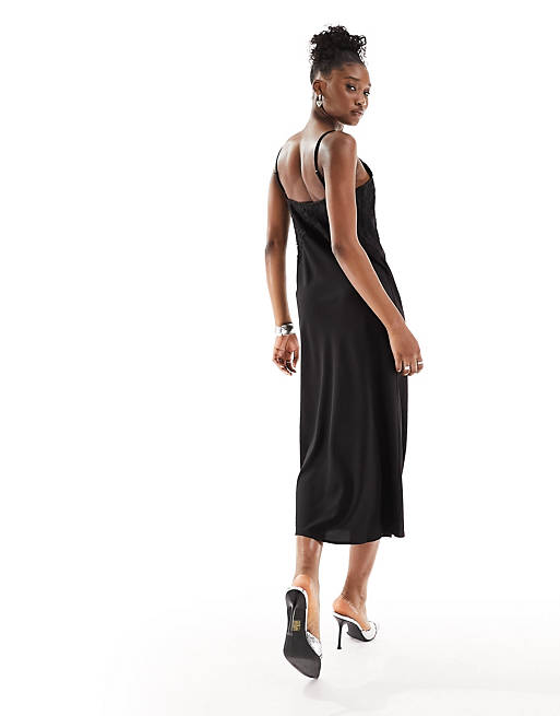 Monki strappy maxi slip dress with lace detail in black