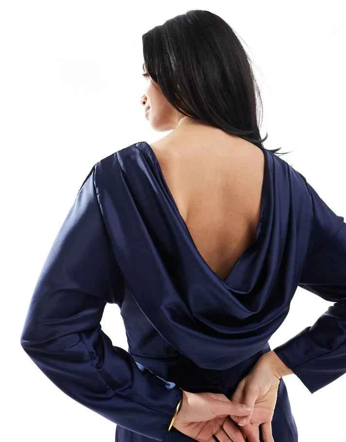 TFNC Petite Bridesmaid long sleeve satin cowl back maxi dress in navy