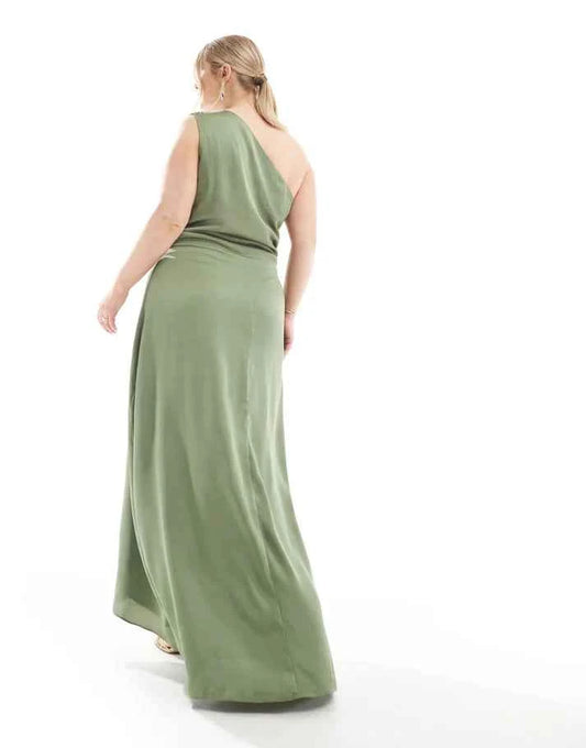 TFNC Plus Bridesmaid one shoulder satin maxi dress with wrap skirt in dark green
