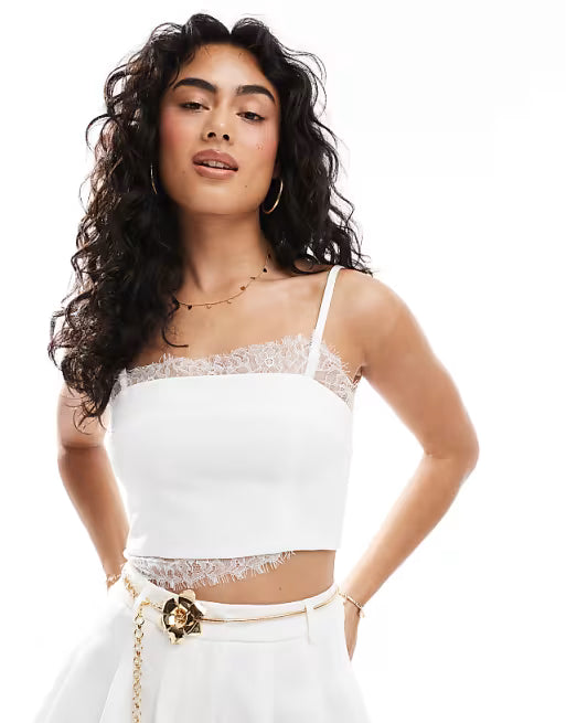 Miss Selfridtge tailored bralette with lace in ivory co ord