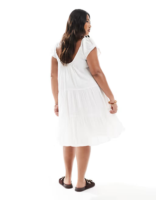 Only Curve scoop neck tiered boho midi dress in white