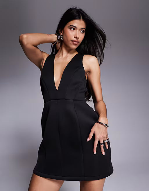 ASOS DESIGN moulded hip plunge mini dress in black in scuba-style fabric