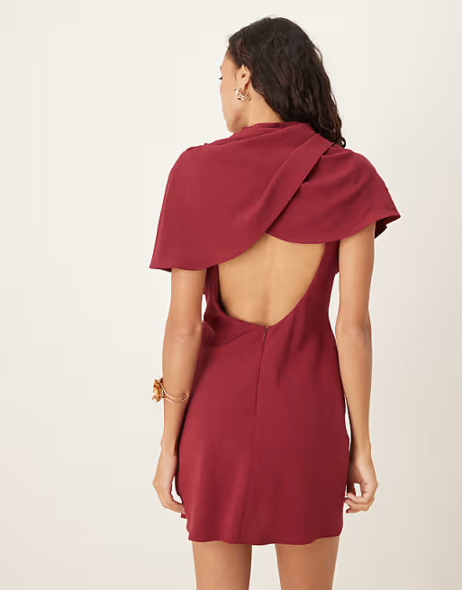 ASOS DESIGN high neck cape bodice mini dress with open back in burgundy