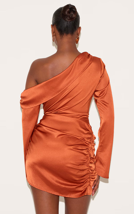 Plt Plus Burnt Orange Satin One Shoulder Drape Bodycon Dress