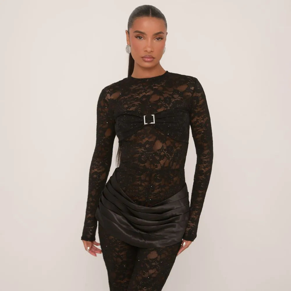 Long Sleeve Diamante Buckle Bust Satin Draped Front Jumpsuit In Black Sequin Lace