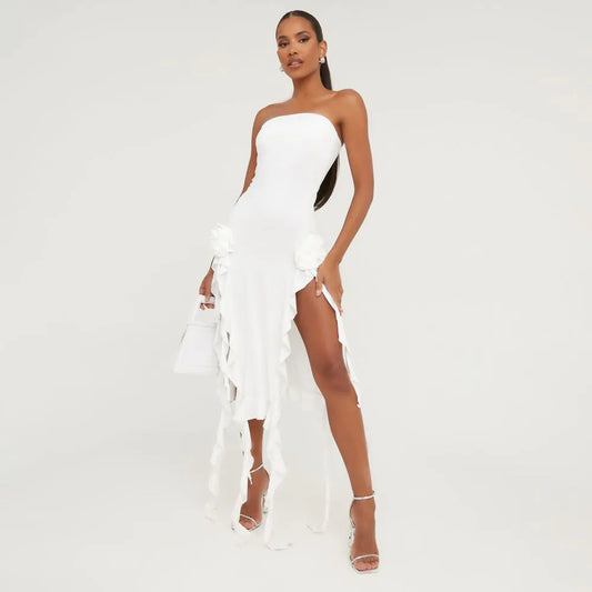 Bandeau Frill Rose Maxi Mesh Dress In White