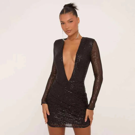 Ego - Long Sleeve Extreme Plunge Shoulder Pad Detail Mini Bodycon Dress In Black Sequin