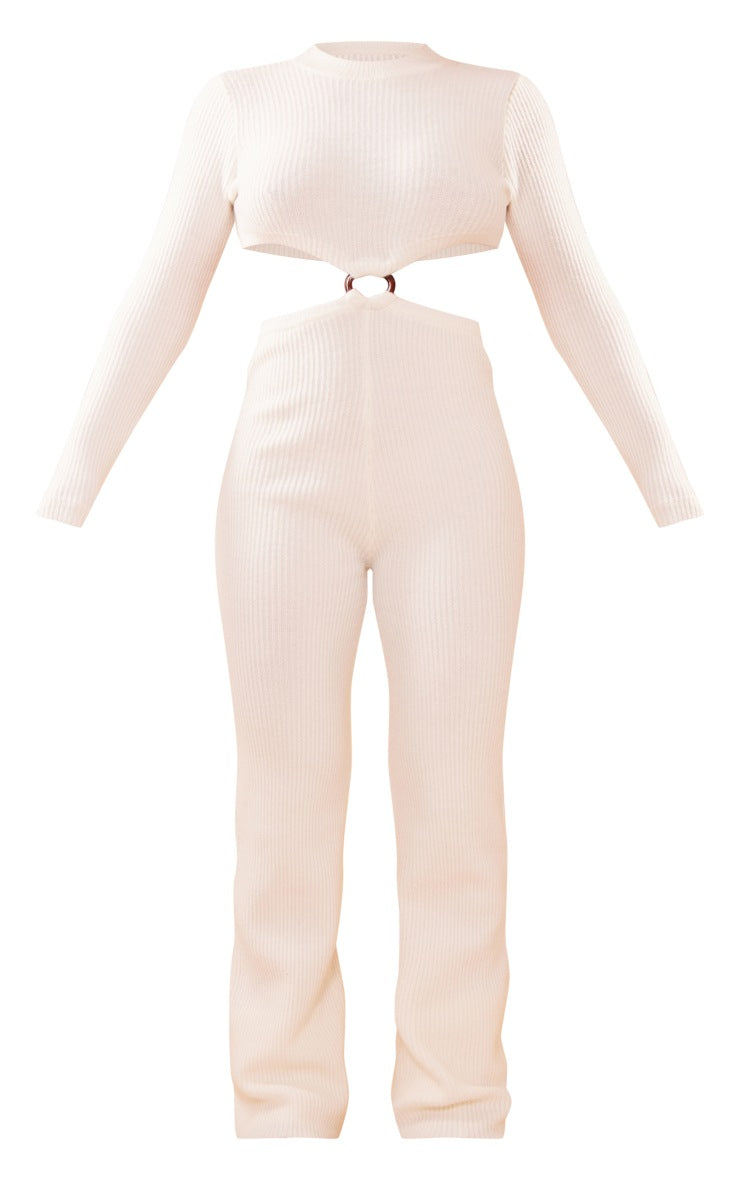 Cream Long Sleeve Cut Out Ring Knitted Jumpsuit